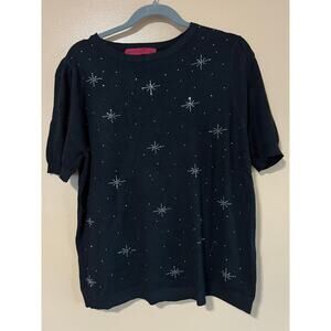NWT Love Scarlett Black Rhinestone Snowflake Star Knit Sweater Puff Sleeve L